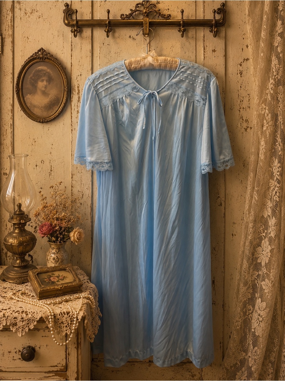 Vintage Deena Blue Nylon Lace Trim Short Sleeve Nightgown Robe Style Housecoat L